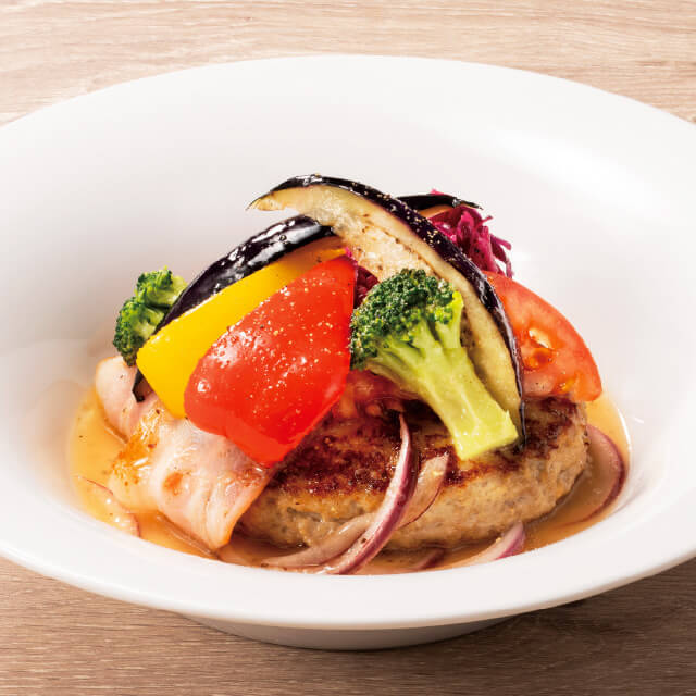 彩り野菜ハンバーグ～ライムとビネガーのソース
