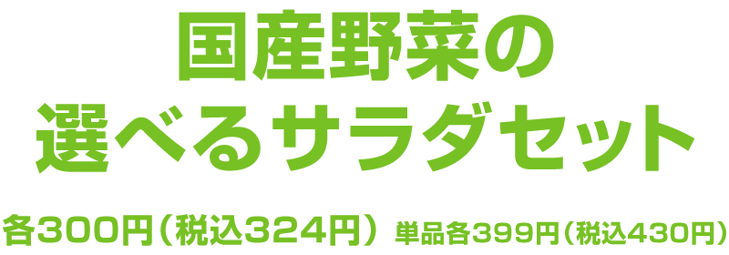 国産野菜の選べるサラダセット 各300円(税込324円) 単品各399円(税込430円)